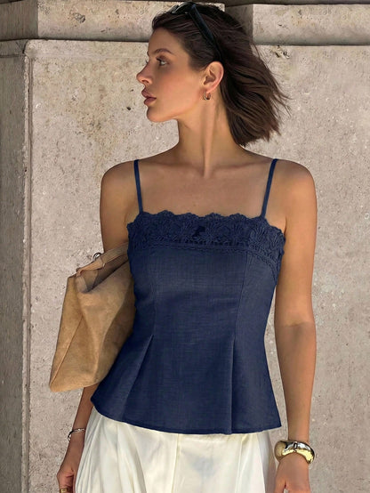 Siren Gaze Women's Summer Casual Vacation Minimalist Solid Color Peplum Cami Top With Embroidery And Mesh Panels,Summer Top