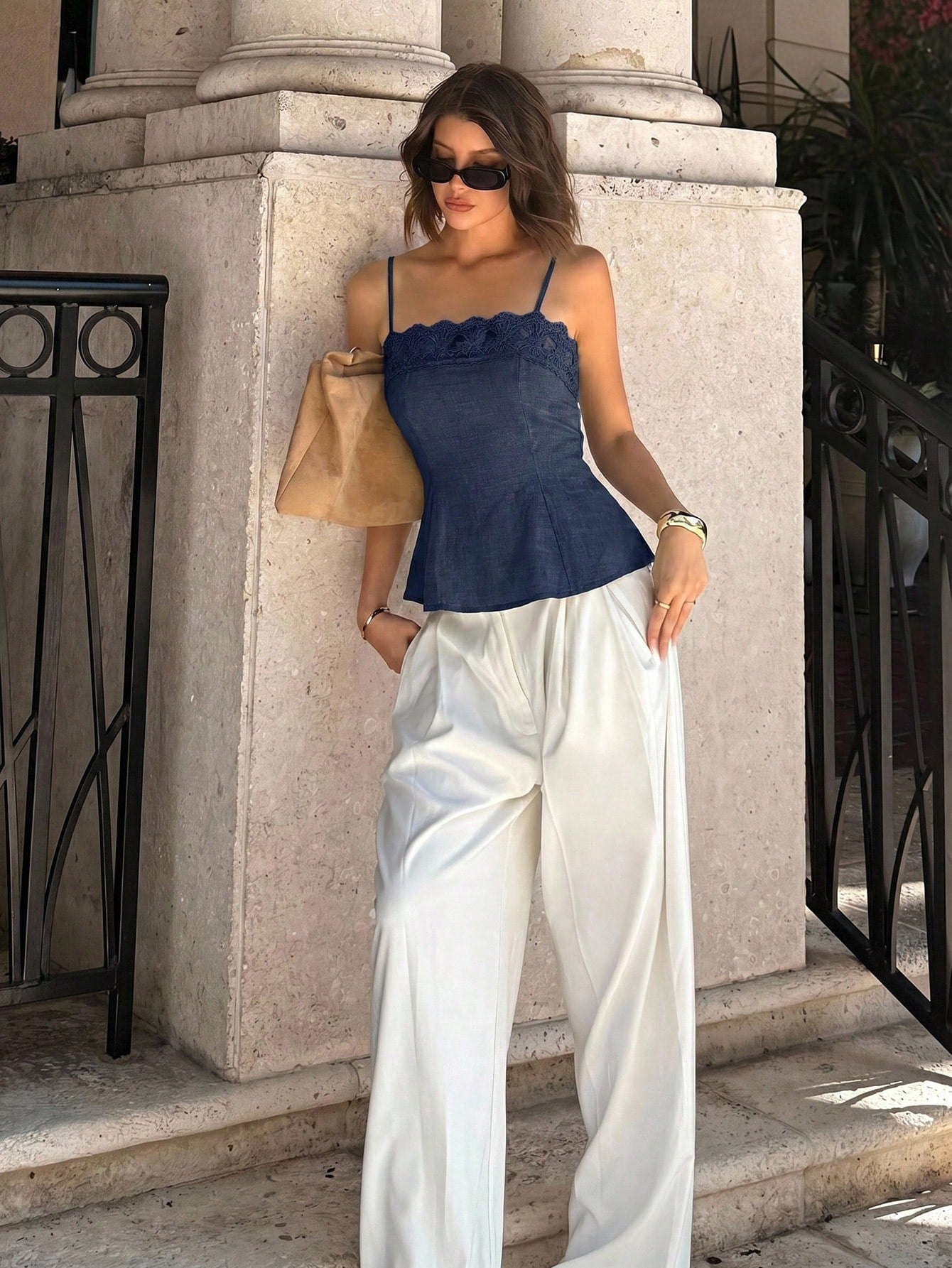 Siren Gaze Women's Summer Casual Vacation Minimalist Solid Color Peplum Cami Top With Embroidery And Mesh Panels,Summer Top