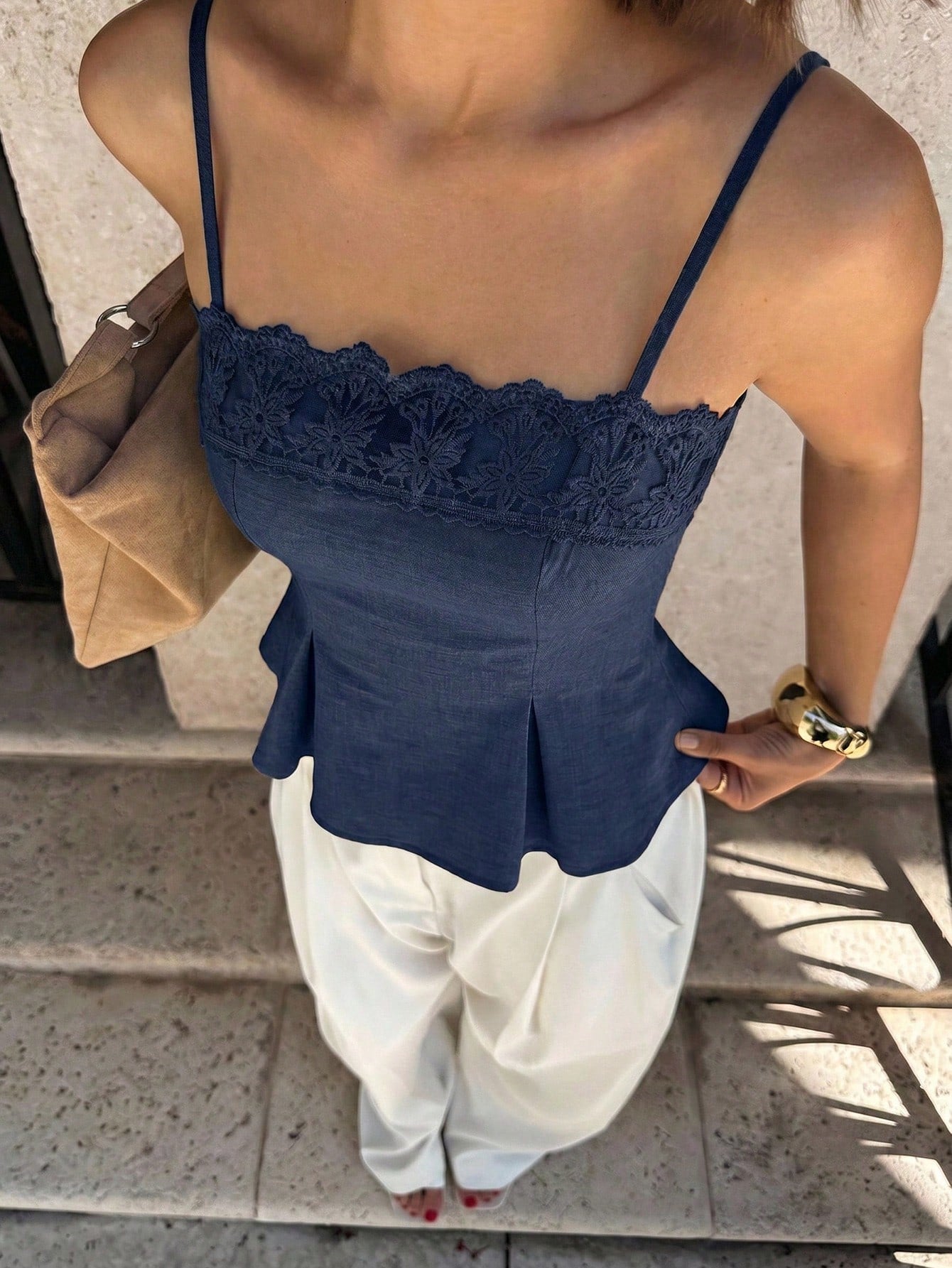 Siren Gaze Women's Summer Casual Vacation Minimalist Solid Color Peplum Cami Top With Embroidery And Mesh Panels,Summer Top