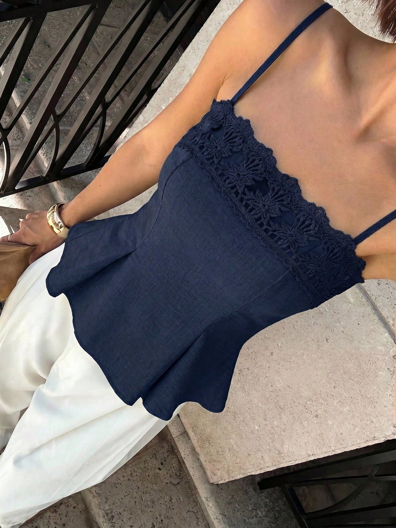 Siren Gaze Women's Summer Casual Vacation Minimalist Solid Color Peplum Cami Top With Embroidery And Mesh Panels,Summer Top
