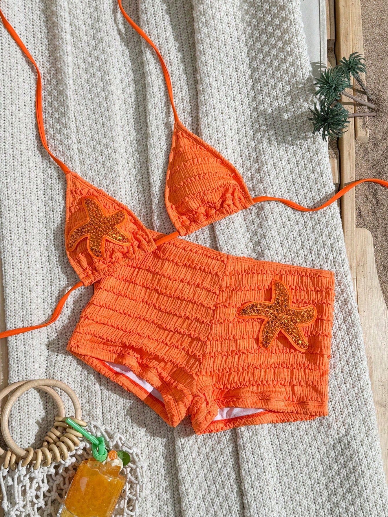 Sirith Summer New Orange Textured Fabric Ocean Starfish Accessory Palazzo Pants Halter Tie Beach Vacation Resort 2 Pieces Swimwear Set For Women Casual