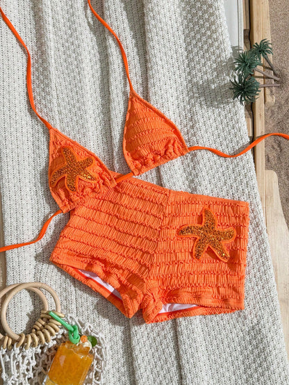 Sirith Summer New Orange Textured Fabric Ocean Starfish Accessory Palazzo Pants Halter Tie Beach Vacation Resort 2 Pieces Swimwear Set For Women Casual