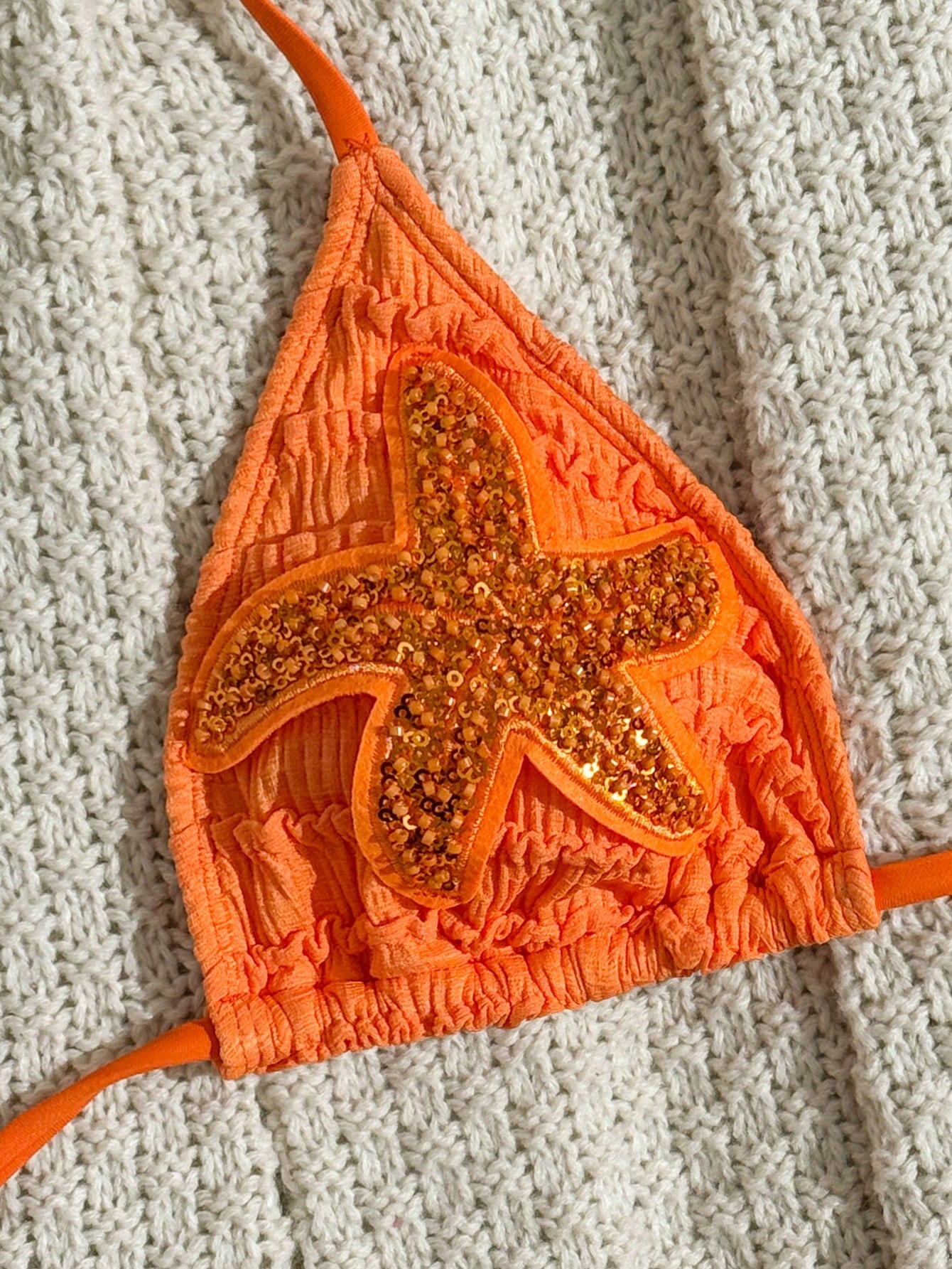 Sirith Summer New Orange Textured Fabric Ocean Starfish Accessory Palazzo Pants Halter Tie Beach Vacation Resort 2 Pieces Swimwear Set For Women Casual
