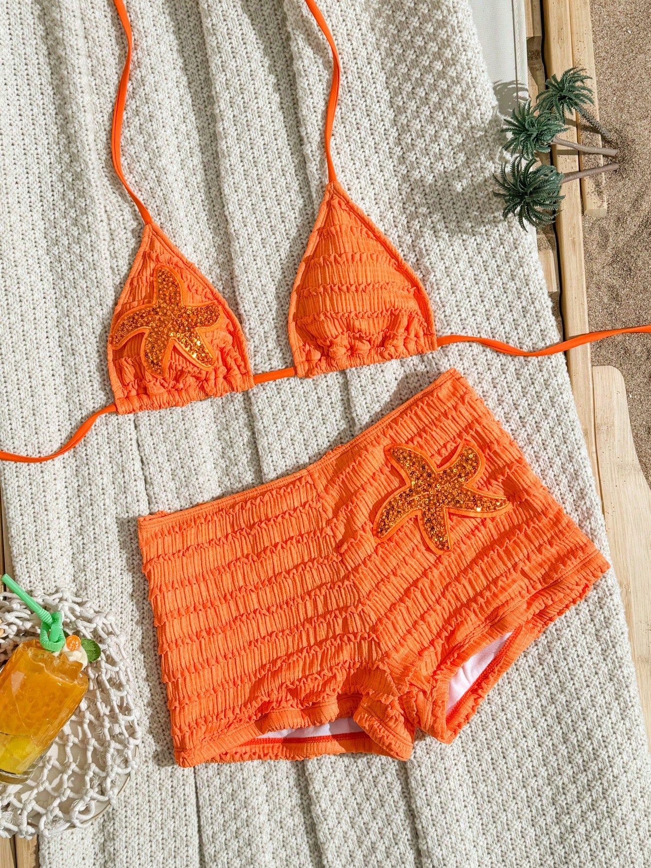 Sirith Summer New Orange Textured Fabric Ocean Starfish Accessory Palazzo Pants Halter Tie Beach Vacation Resort 2 Pieces Swimwear Set For Women Casual