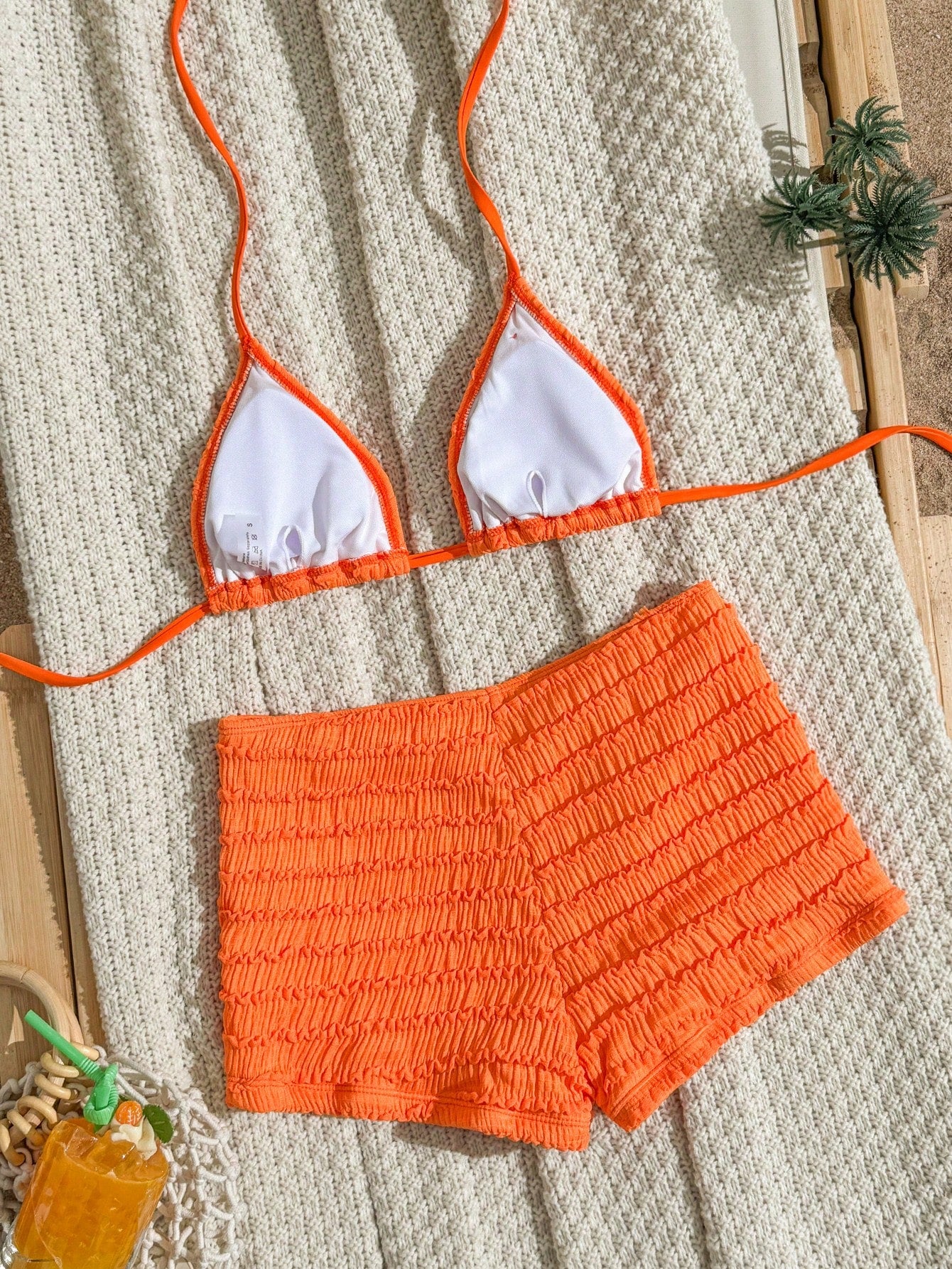 Sirith Summer New Orange Textured Fabric Ocean Starfish Accessory Palazzo Pants Halter Tie Beach Vacation Resort 2 Pieces Swimwear Set For Women Casual