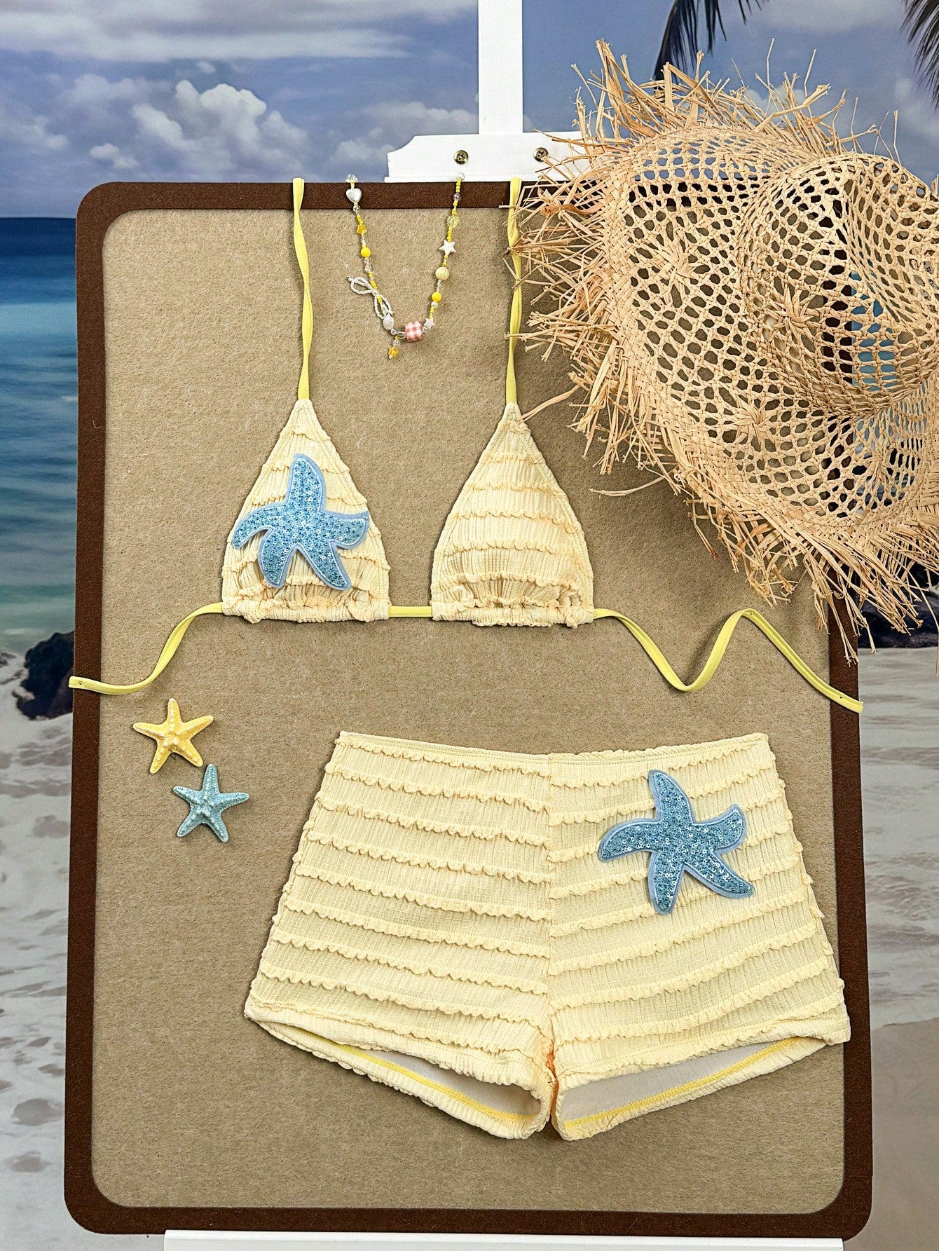 Sirith Summer New Orange Textured Fabric Ocean Starfish Accessory Palazzo Pants Halter Tie Beach Vacation Resort 2 Pieces Swimwear Set For Women Casual