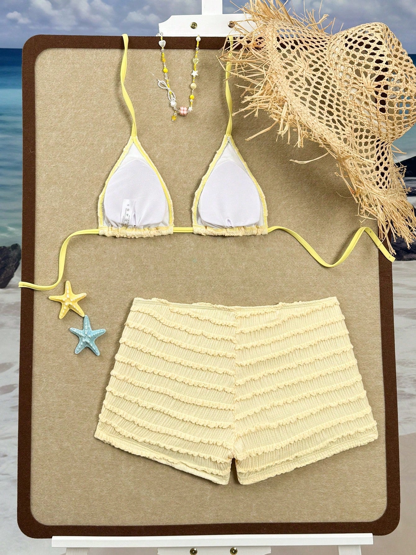 Sirith Summer New Orange Textured Fabric Ocean Starfish Accessory Palazzo Pants Halter Tie Beach Vacation Resort 2 Pieces Swimwear Set For Women Casual