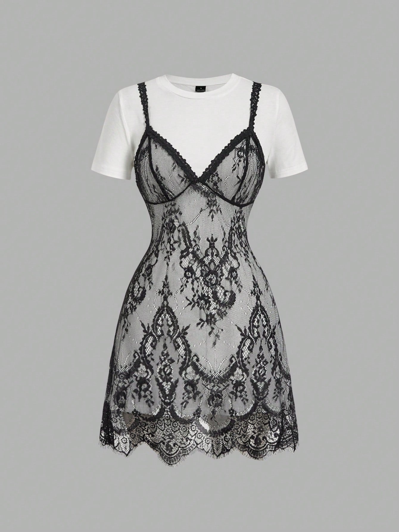 Skyraze Women's Lace Patchwork Round Neck Short Sleeve Mini Dress, Black Floral, Summer, Elegant Romantic, Date Garden Party Tea Party, Wedding Guest, Formal