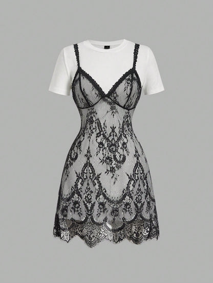 Skyraze Women's Lace Patchwork Round Neck Short Sleeve Mini Dress, Black Floral, Summer, Elegant Romantic, Date Garden Party Tea Party, Wedding Guest, Formal
