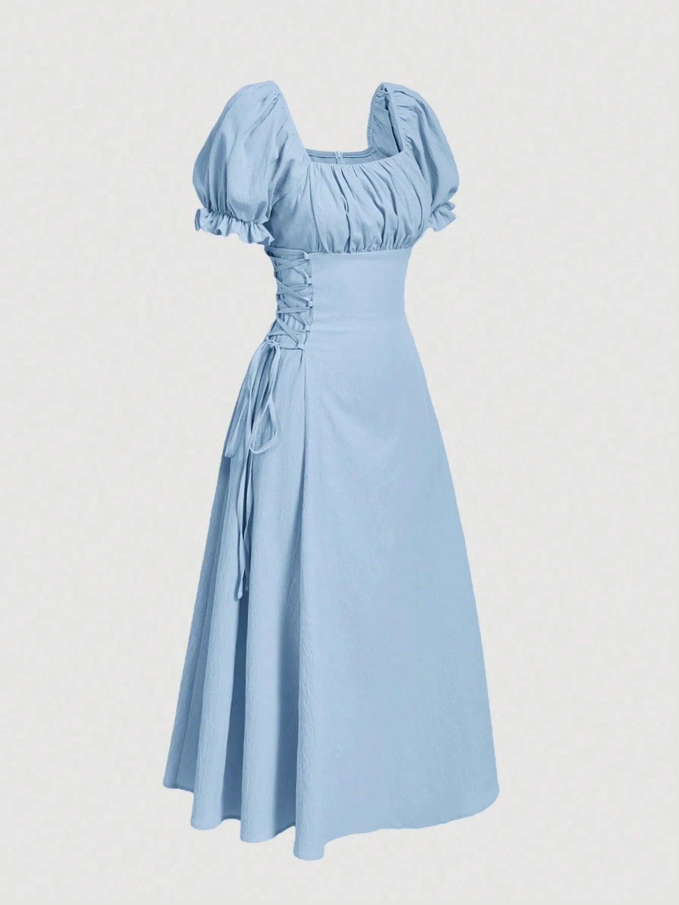Skyraze Women's Modest Light Blue Summer Mid-Length Dress,Solid Color Square Neck Petal Sleeve Tie Waist Picnic Dress,Beach Holiday Vacation Tea Party Outfit