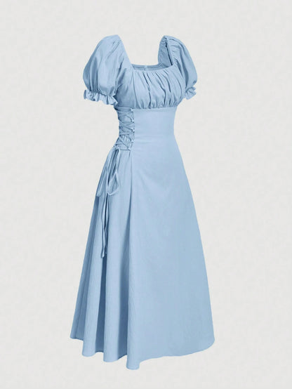 Skyraze Women's Modest Light Blue Summer Mid-Length Dress,Solid Color Square Neck Petal Sleeve Tie Waist Picnic Dress,Beach Holiday Vacation Tea Party Outfit