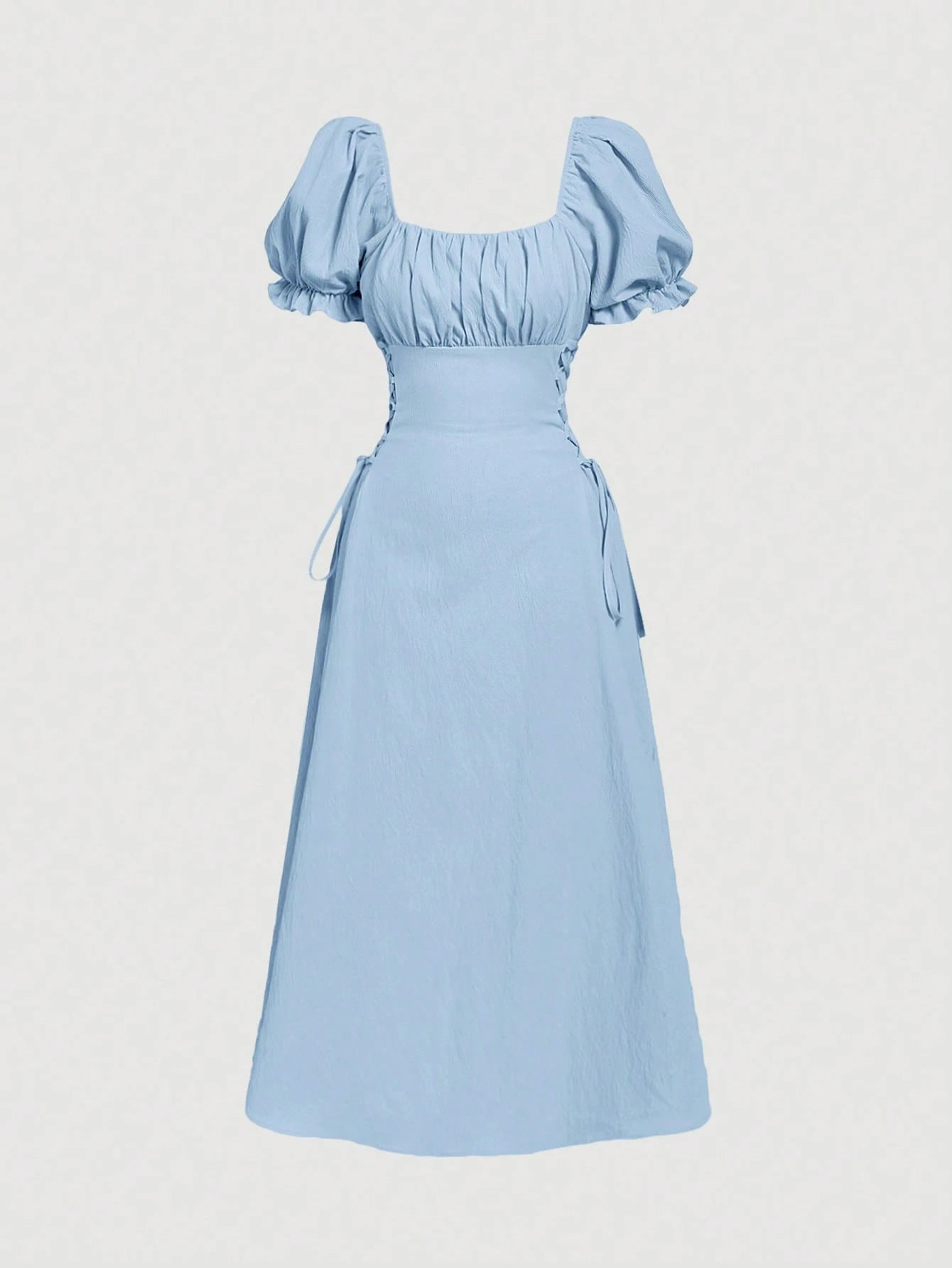 Skyraze Women's Modest Light Blue Summer Mid-Length Dress,Solid Color Square Neck Petal Sleeve Tie Waist Picnic Dress,Beach Holiday Vacation Tea Party Outfit