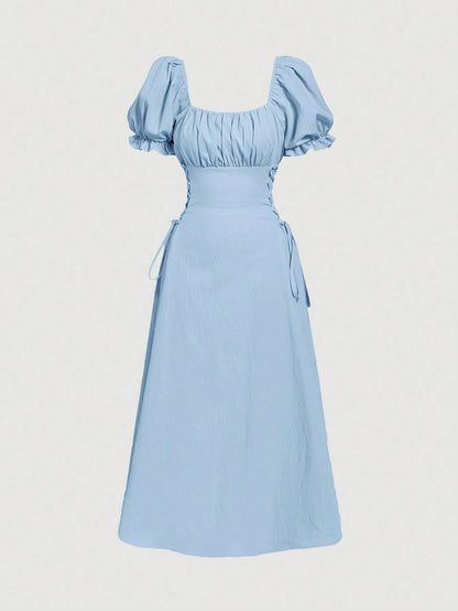 Skyraze Women's Modest Light Blue Summer Mid-Length Dress,Solid Color Square Neck Petal Sleeve Tie Waist Picnic Dress,Beach Holiday Vacation Tea Party Outfit