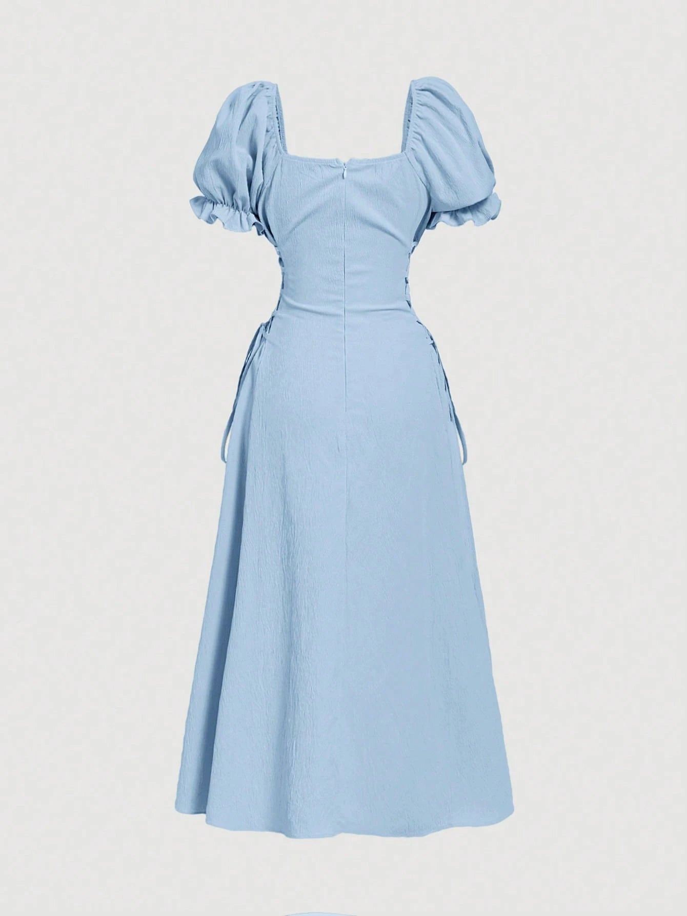 Skyraze Women's Modest Light Blue Summer Mid-Length Dress,Solid Color Square Neck Petal Sleeve Tie Waist Picnic Dress,Beach Holiday Vacation Tea Party Outfit