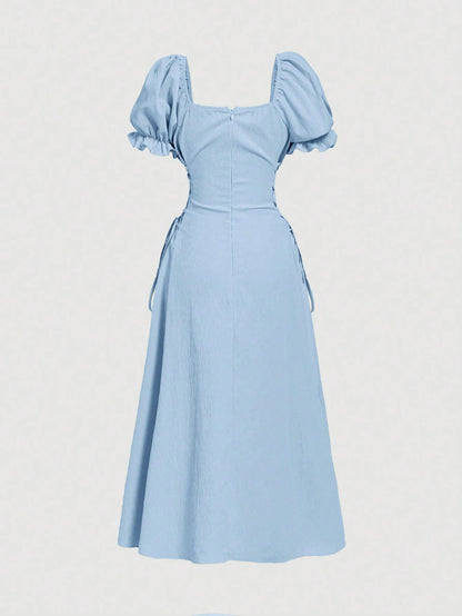 Skyraze Women's Modest Light Blue Summer Mid-Length Dress,Solid Color Square Neck Petal Sleeve Tie Waist Picnic Dress,Beach Holiday Vacation Tea Party Outfit