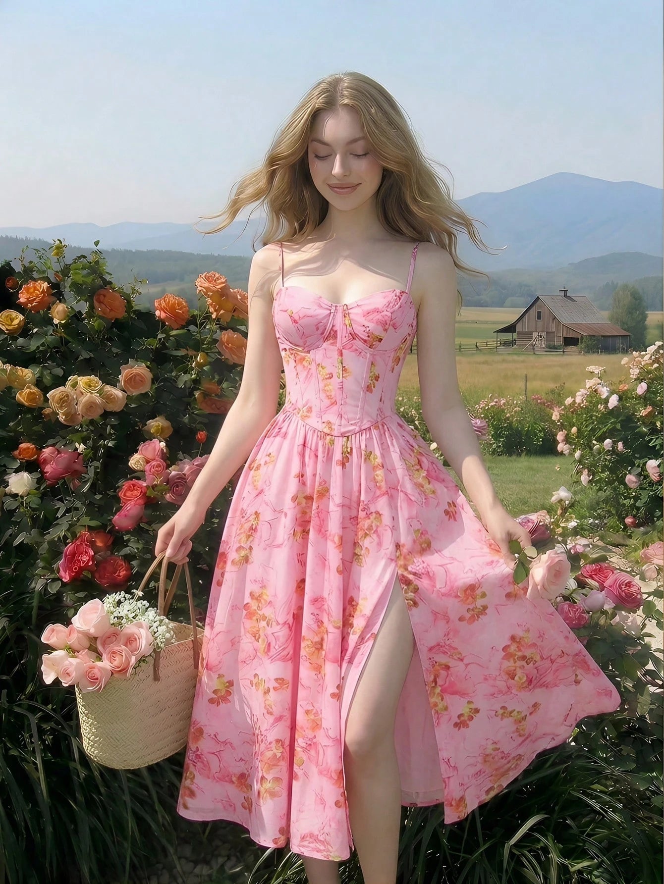 Skyraze Women's Pink Floral High Slit Fish Bone Tape Bra Camisole Dress,Elegant Summer Tropical Holiday Vacation, Cottagecore Tea Party Picnic Outfits