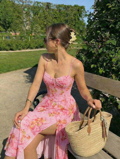 Skyraze Women's Pink Floral High Slit Fish Bone Tape Bra Camisole Dress,Elegant Summer Tropical Holiday Vacation, Cottagecore Tea Party Picnic Outfits