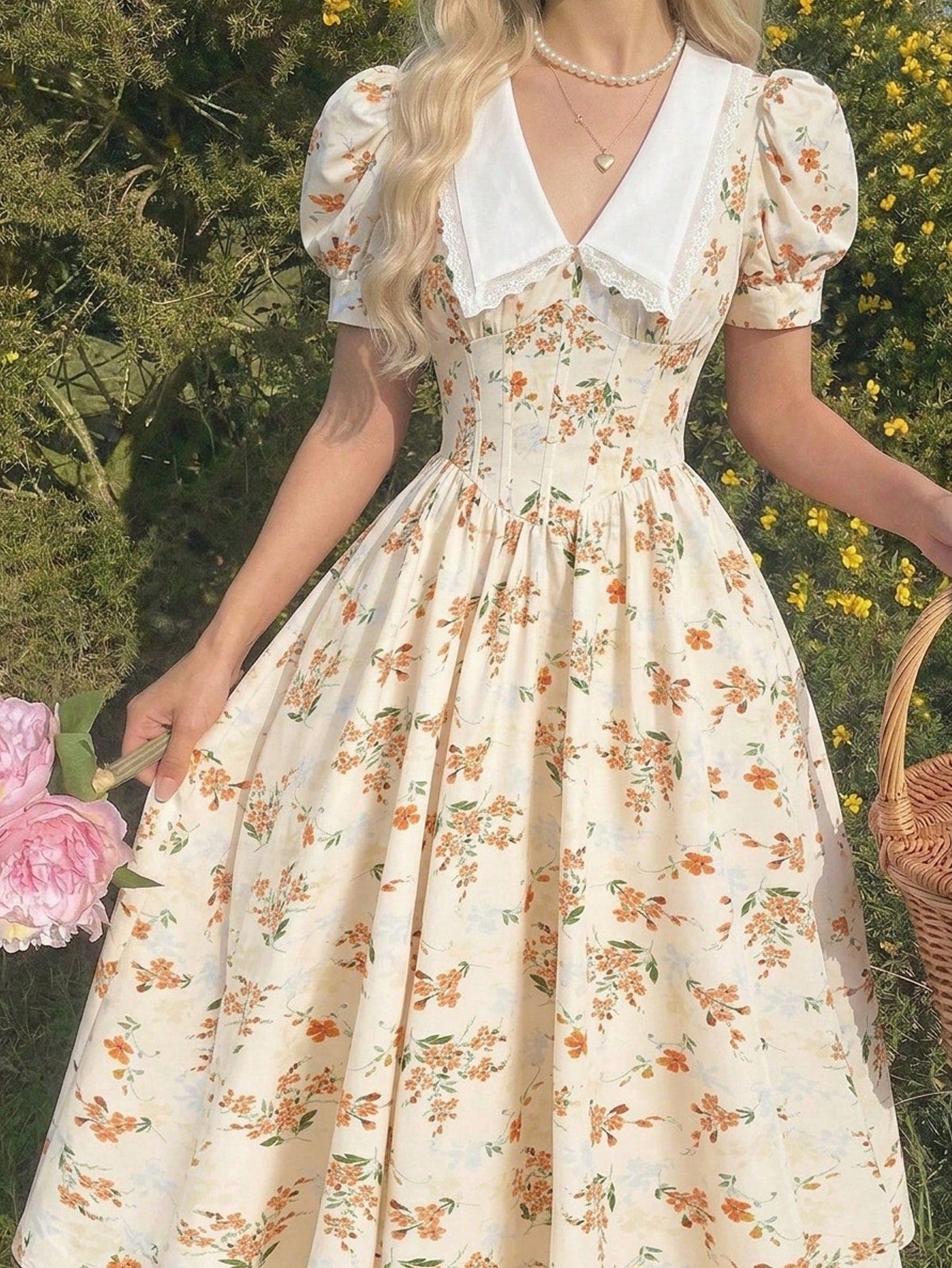 Skyraze Women's Retro Elegant Whimsical Fairycore Orange Floral Summer Dress,Casual Waist Cinching Petal Puffed Sleeve Mid-Length Party Dress,Picnic Outfits