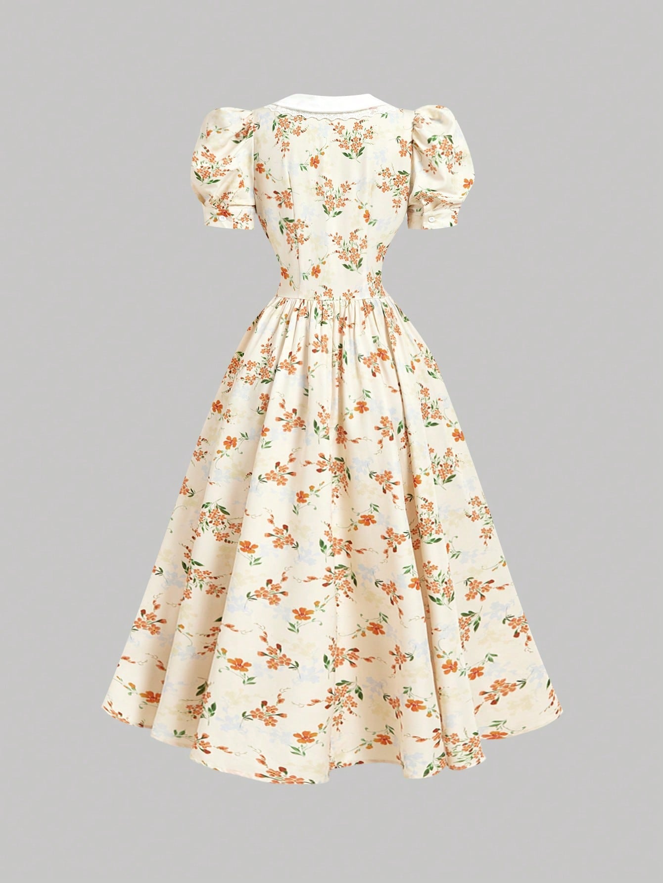 Skyraze Women's Retro Elegant Whimsical Fairycore Orange Floral Summer Dress,Casual Waist Cinching Petal Puffed Sleeve Mid-Length Party Dress,Picnic Outfits