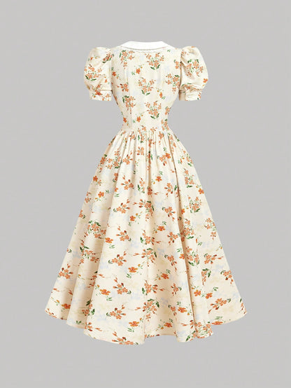 Skyraze Women's Retro Elegant Whimsical Fairycore Orange Floral Summer Dress,Casual Waist Cinching Petal Puffed Sleeve Mid-Length Party Dress,Picnic Outfits