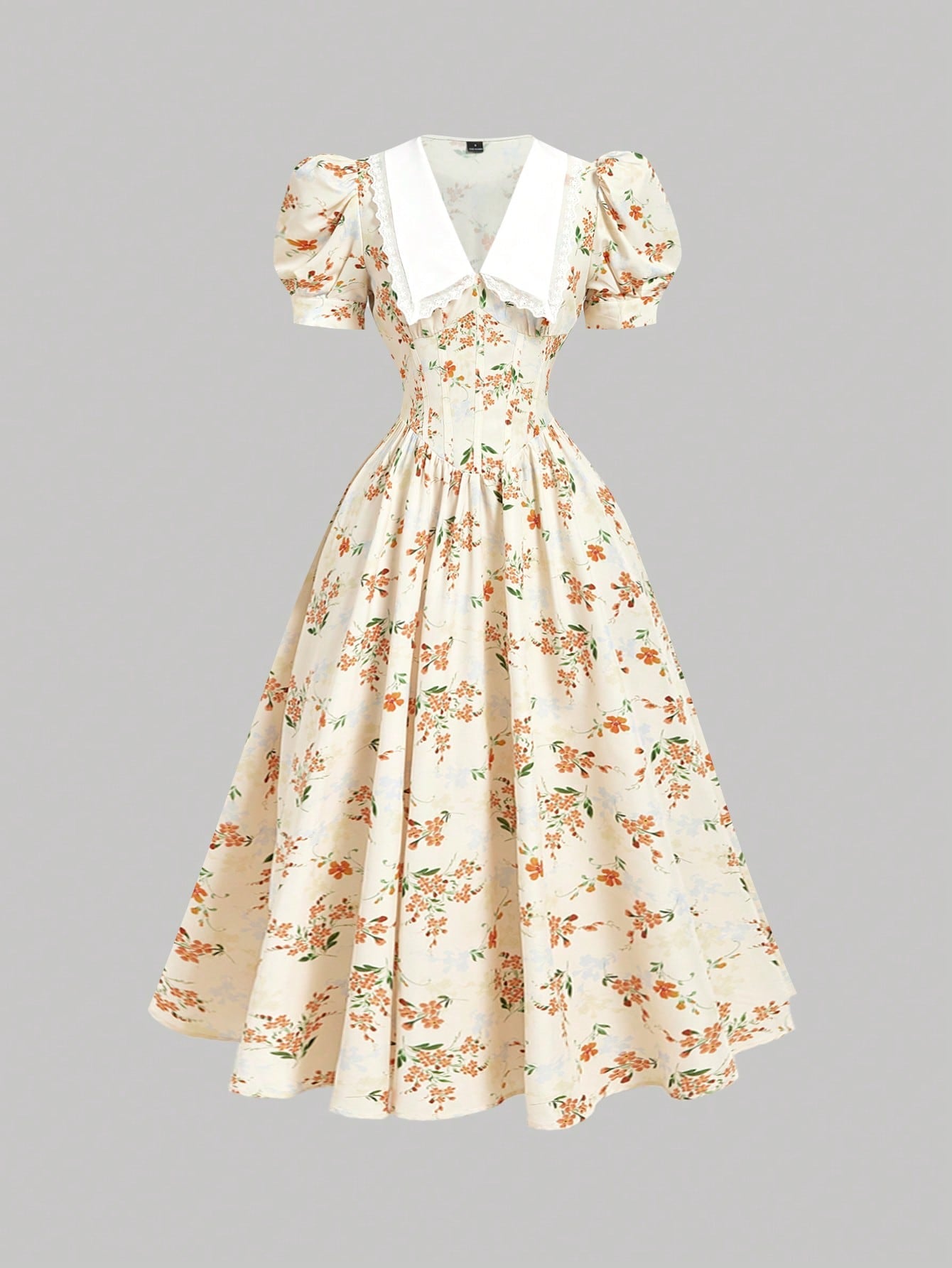 Skyraze Women's Retro Elegant Whimsical Fairycore Orange Floral Summer Dress,Casual Waist Cinching Petal Puffed Sleeve Mid-Length Party Dress,Picnic Outfits