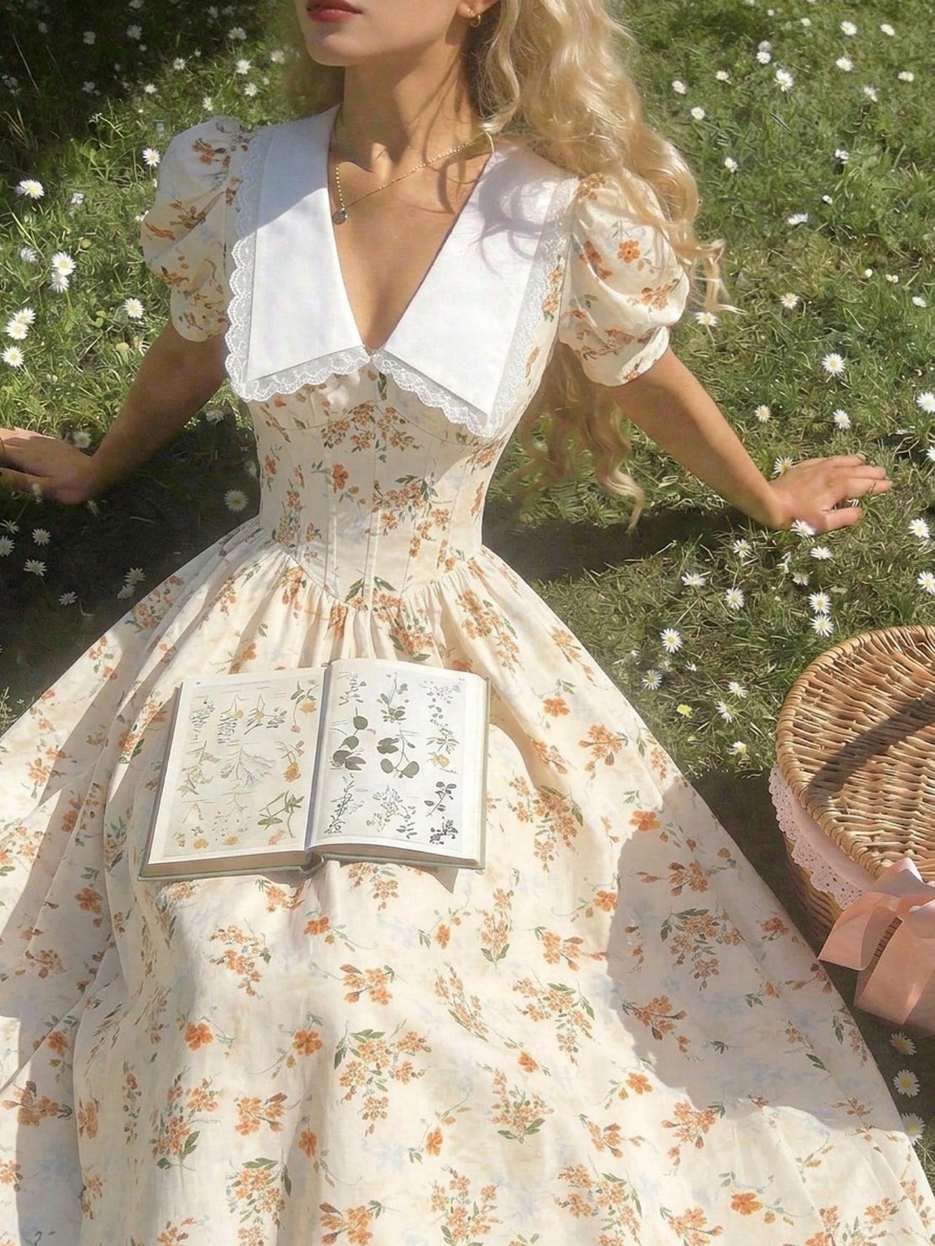 Skyraze Women's Retro Elegant Whimsical Fairycore Orange Floral Summer Dress,Casual Waist Cinching Petal Puffed Sleeve Mid-Length Party Dress,Picnic Outfits