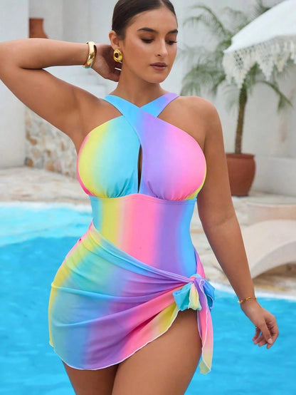Slaydiva 2pcs Plus Size Women's Colorful Halter Stylish One-Piece Swimsuit With Cover-Up Skirt Beach Holiday Outfit For Summer Beach Vacation