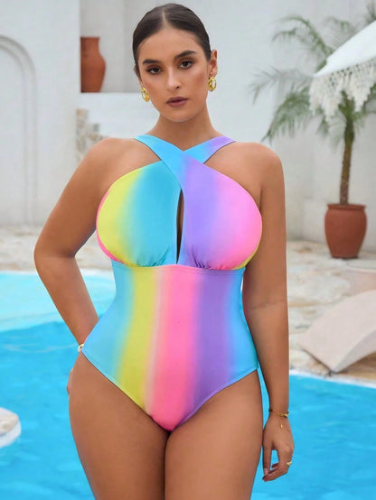 Slaydiva 2pcs Plus Size Women's Colorful Halter Stylish One-Piece Swimsuit With Cover-Up Skirt Beach Holiday Outfit For Summer Beach Vacation