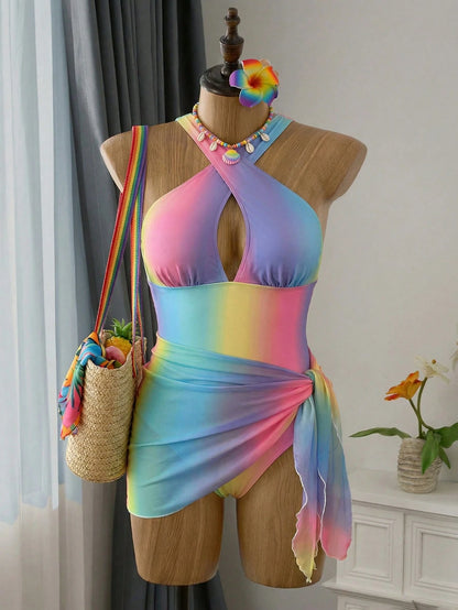 Slaydiva 2pcs Plus Size Women's Colorful Halter Stylish One-Piece Swimsuit With Cover-Up Skirt Beach Holiday Outfit For Summer Beach Vacation