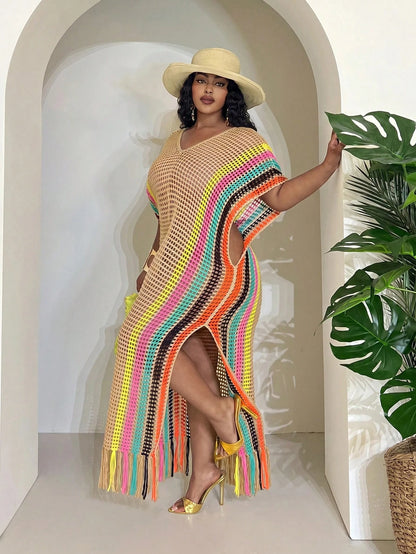 Slaydiva Beige Summer Boho Beach Vacation Holiday Women's Lightweight Knit Crochet Cover Up Western Plus Size Rave Fairycore Festival Tropical Outfit Clothes