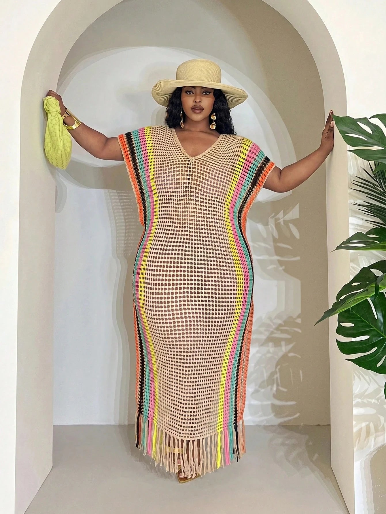 Slaydiva Beige Summer Boho Beach Vacation Holiday Women's Lightweight Knit Crochet Cover Up Western Plus Size Rave Fairycore Festival Tropical Outfit Clothes