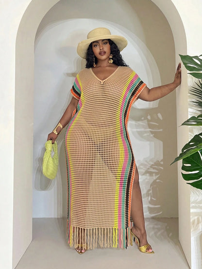 Slaydiva Beige Summer Boho Beach Vacation Holiday Women's Lightweight Knit Crochet Cover Up Western Plus Size Rave Fairycore Festival Tropical Outfit Clothes