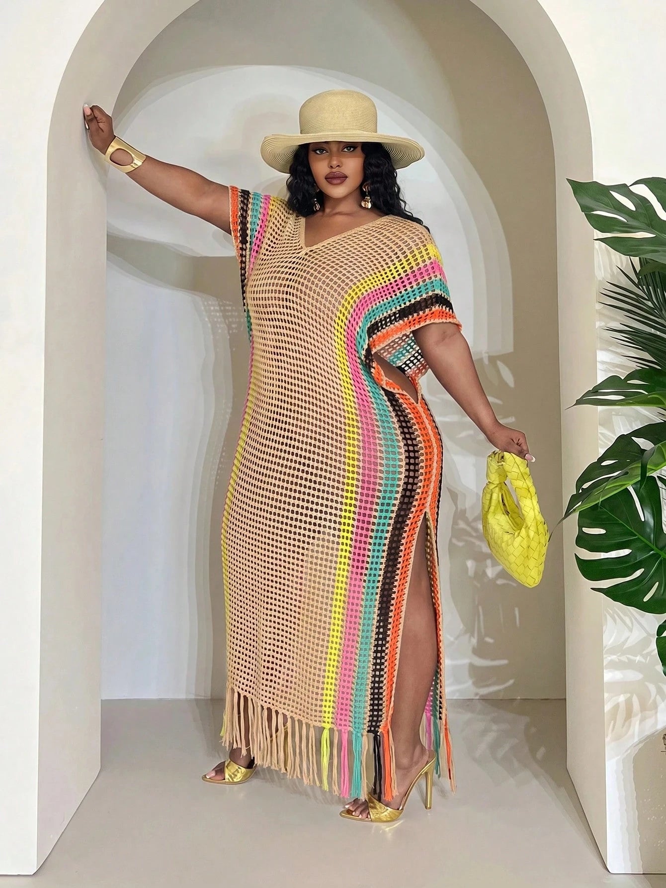 Slaydiva Beige Summer Boho Beach Vacation Holiday Women's Lightweight Knit Crochet Cover Up Western Plus Size Rave Fairycore Festival Tropical Outfit Clothes