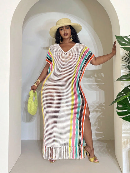 Slaydiva Beige Summer Boho Beach Vacation Holiday Women's Lightweight Knit Crochet Cover Up Western Plus Size Rave Fairycore Festival Tropical Outfit Clothes