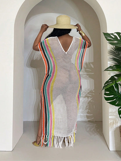 Slaydiva Beige Summer Boho Beach Vacation Holiday Women's Lightweight Knit Crochet Cover Up Western Plus Size Rave Fairycore Festival Tropical Outfit Clothes