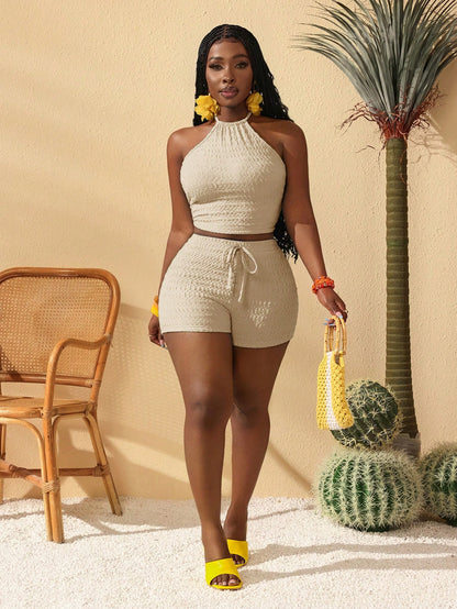 Slaydiva Khaki,Summer,Casual,Vacation,Holiday Women Set Island Outfits,Textured Fabric Tie-Up Backless Beach Sunbathing Streetwear Music Festival Party