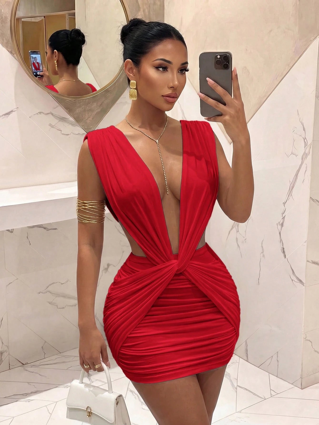 Slaydiva New Party Night Out Birthday Bar Nightclub Christmas Occasion Elegant Sexy Deep V-Neck Twisted Greek Pleated Red Short Dress For Women-A Summer