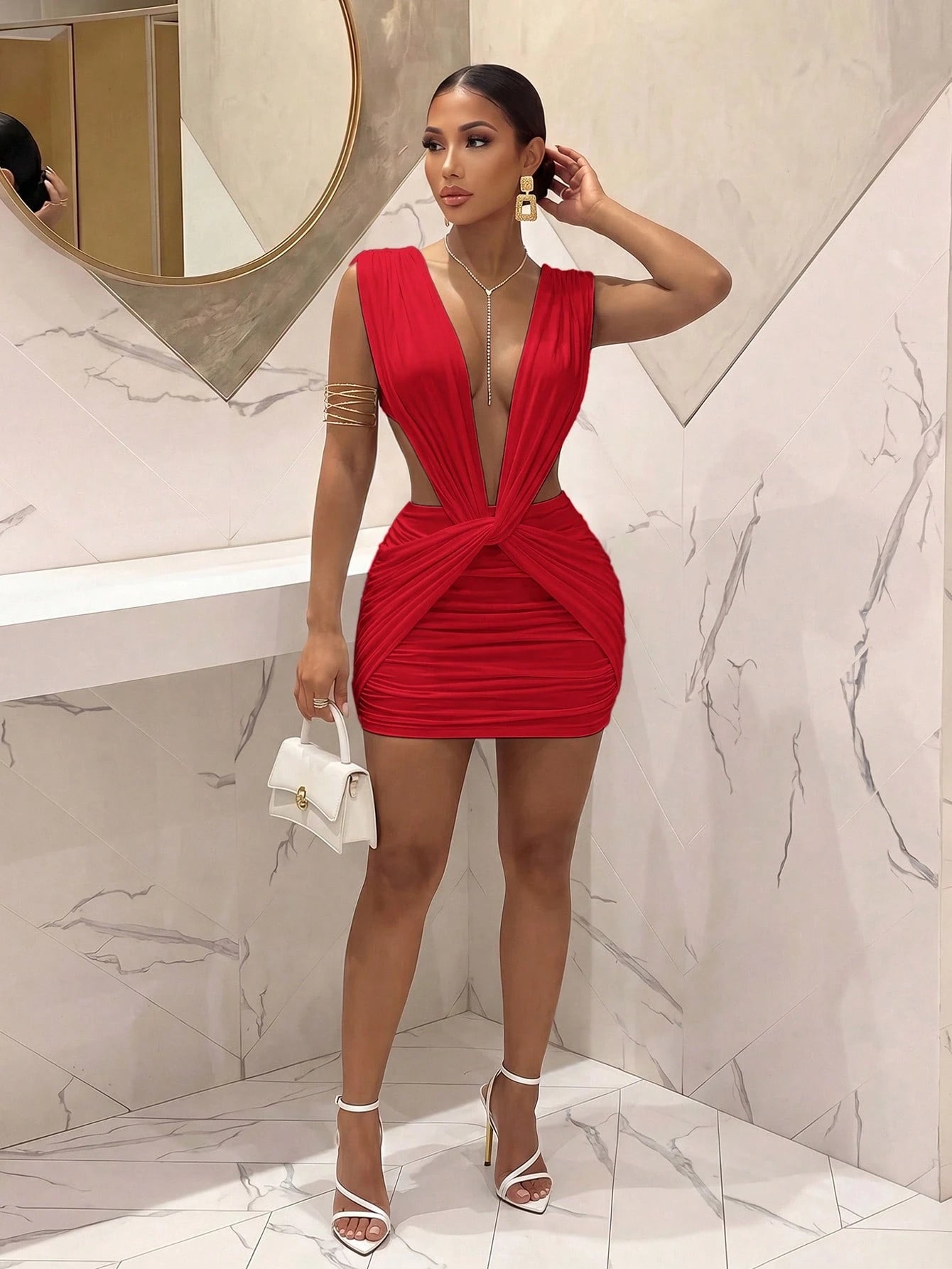 Slaydiva New Party Night Out Birthday Bar Nightclub Christmas Occasion Elegant Sexy Deep V-Neck Twisted Greek Pleated Red Short Dress For Women-A Summer