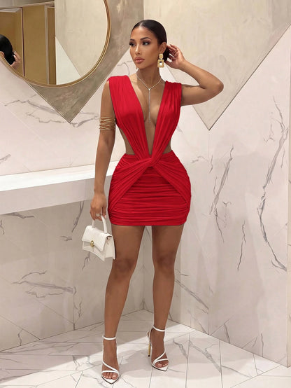 Slaydiva New Party Night Out Birthday Bar Nightclub Christmas Occasion Elegant Sexy Deep V-Neck Twisted Greek Pleated Red Short Dress For Women-A Summer