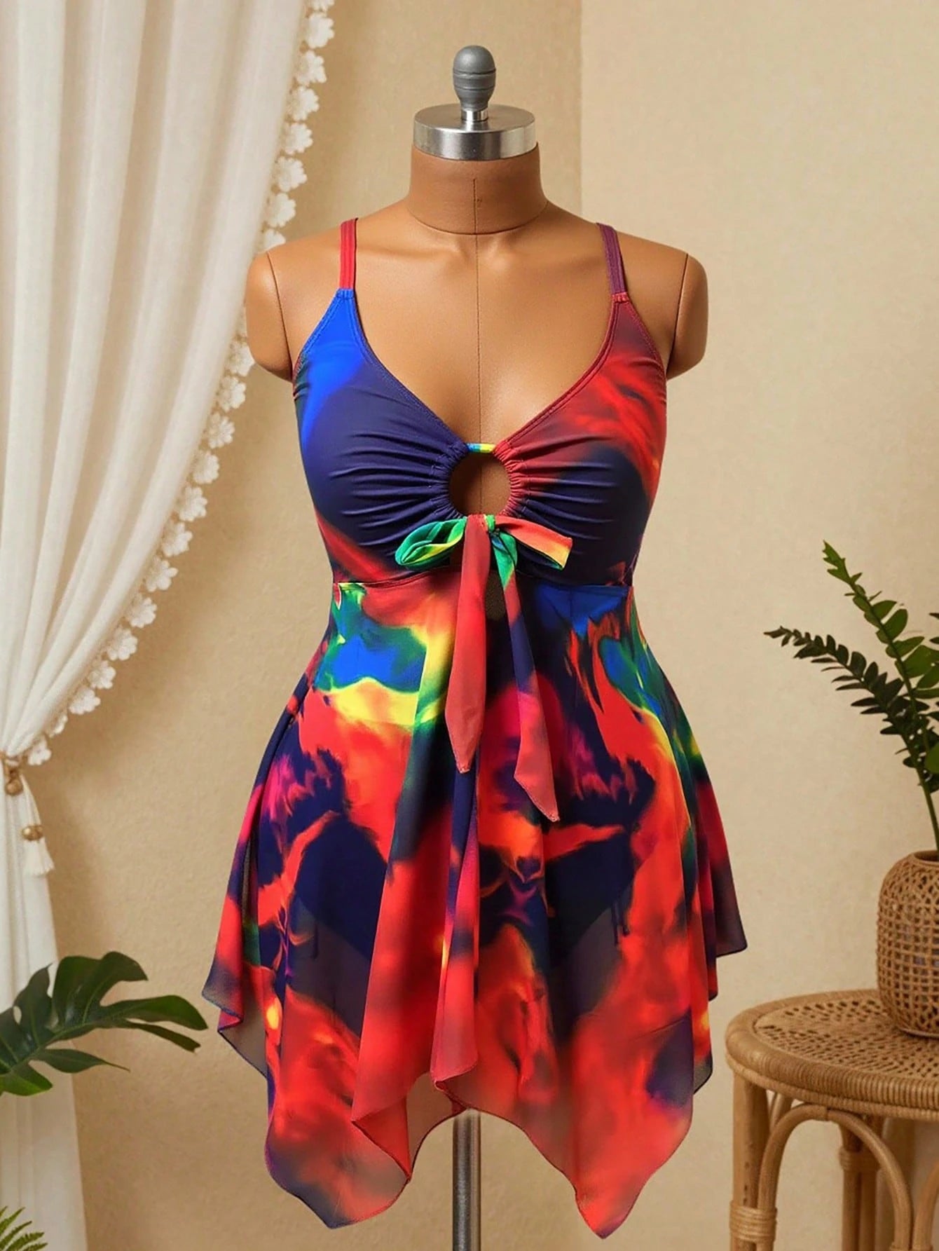 Slaydiva Plus Size Blue Summer Boho Beach Holiday Swimsuit For Women, Multi-Color V-Neck Adjustable Strap Hollow-Out Waist Asymmetric Mesh Hem Skirt Set