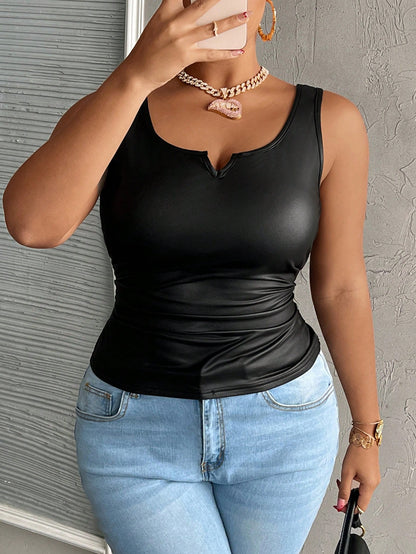 Slaydiva Plus Size Casual Sexy All-Match Black Faux Leather Cami Top With Deep U-Neck And Racerback Date Night Rave Summer