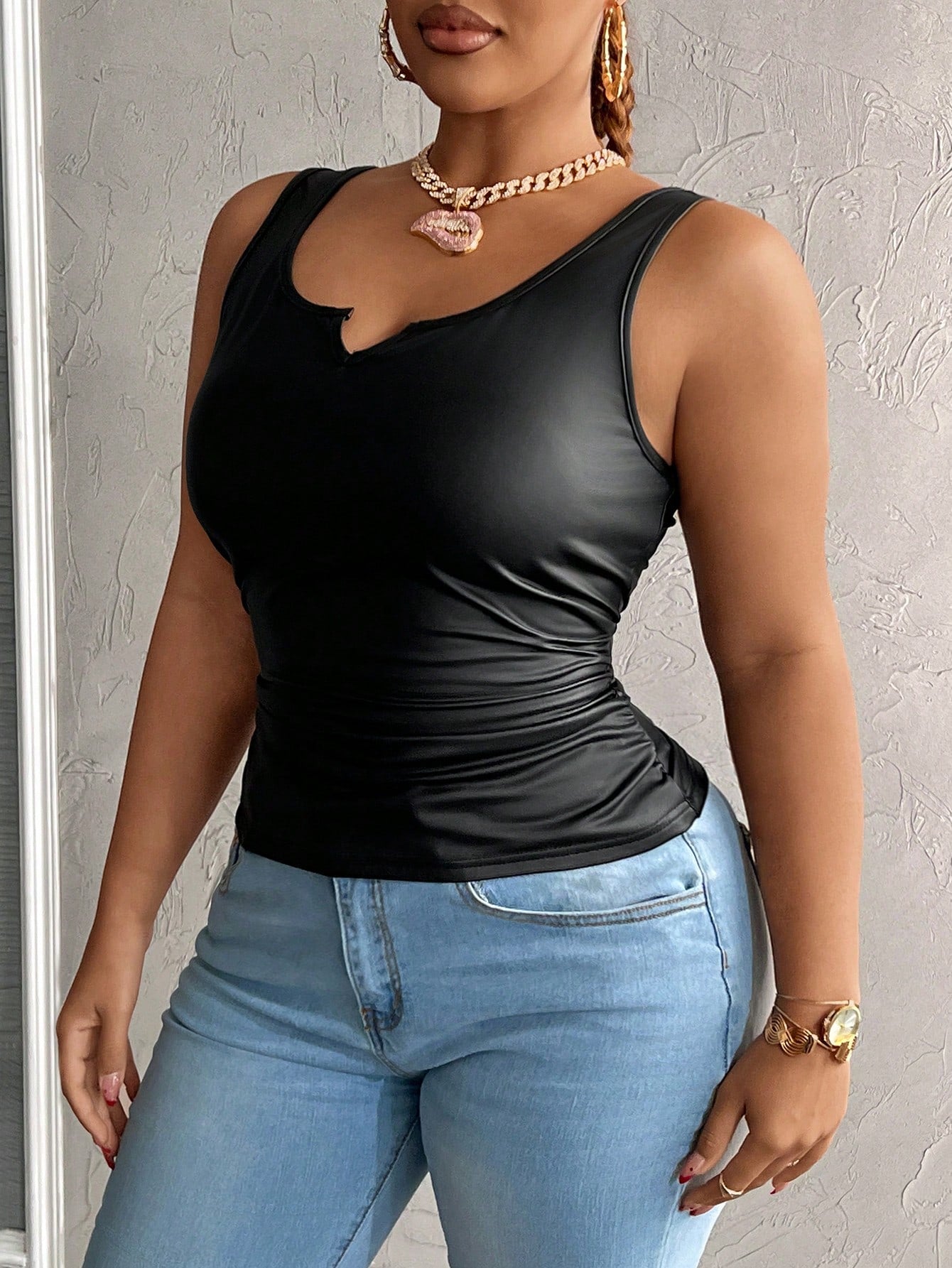 Slaydiva Plus Size Casual Sexy All-Match Black Faux Leather Cami Top With Deep U-Neck And Racerback Date Night Rave Summer