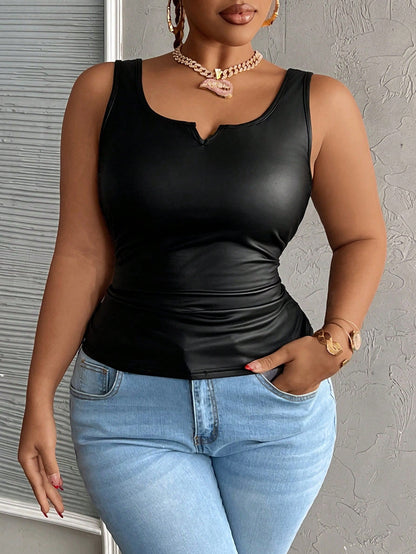 Slaydiva Plus Size Casual Sexy All-Match Black Faux Leather Cami Top With Deep U-Neck And Racerback Date Night Rave Summer
