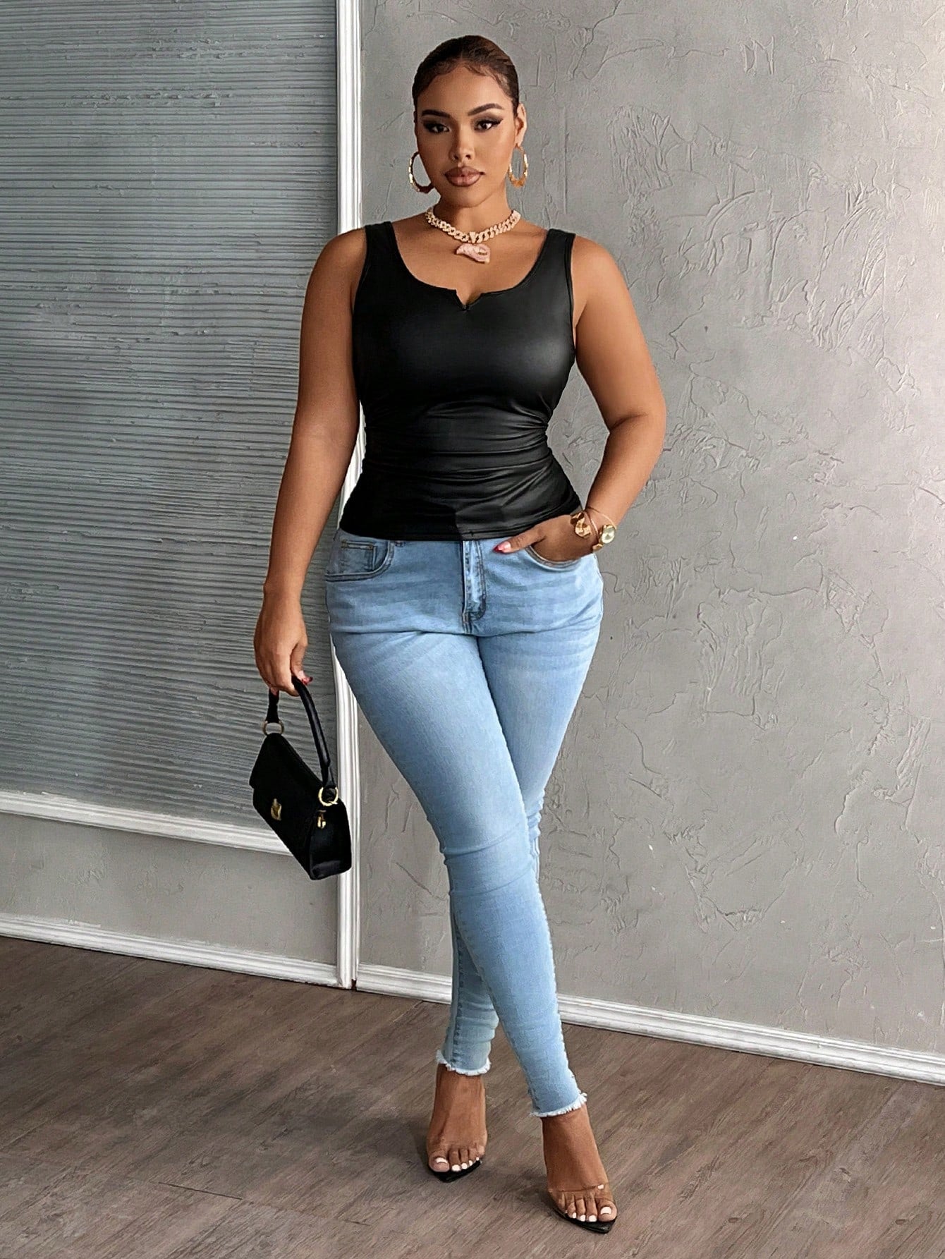 Slaydiva Plus Size Casual Sexy All-Match Black Faux Leather Cami Top With Deep U-Neck And Racerback Date Night Rave Summer