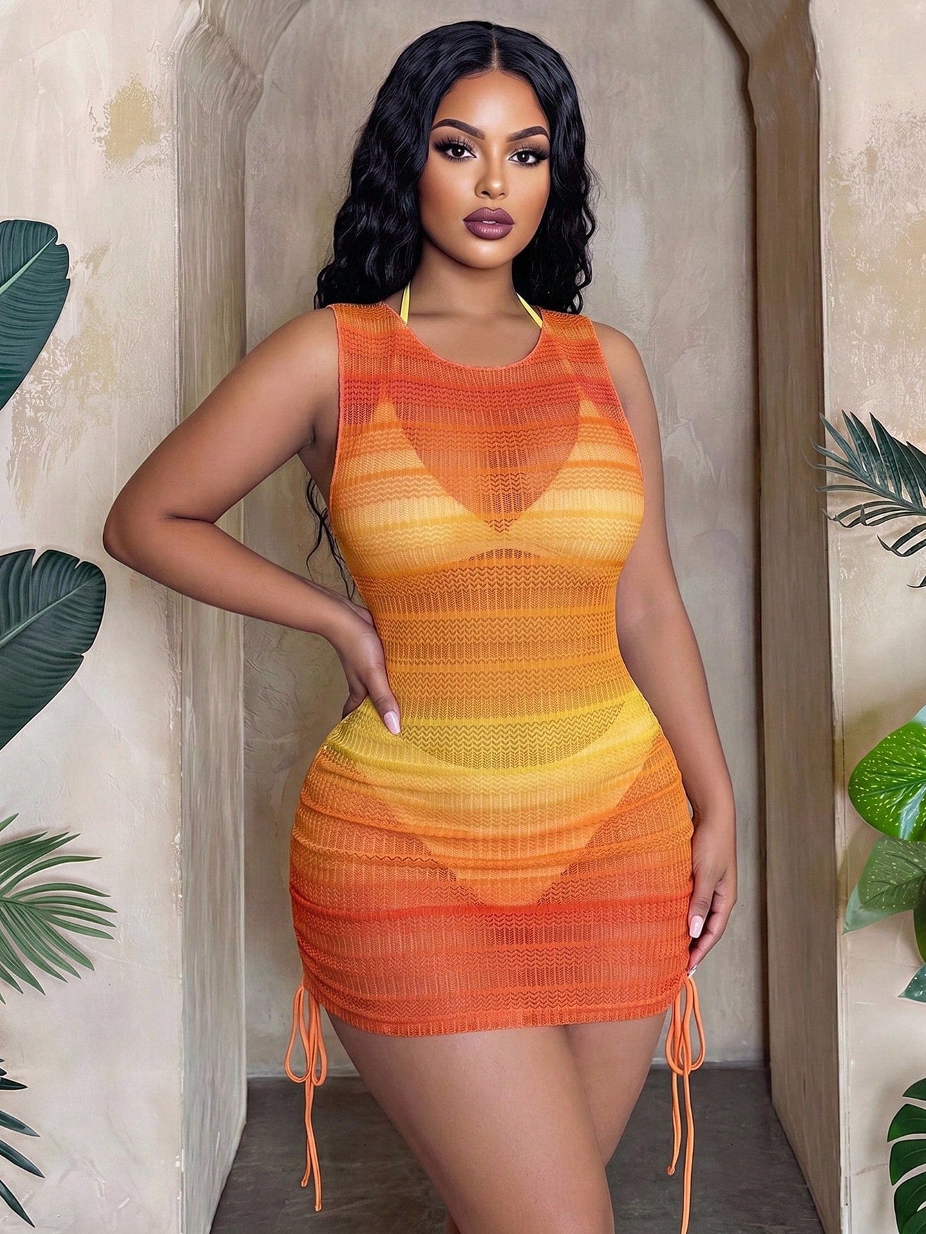 Slaydiva Plus Size Ombre Side Drawstring Sheer Cover Up