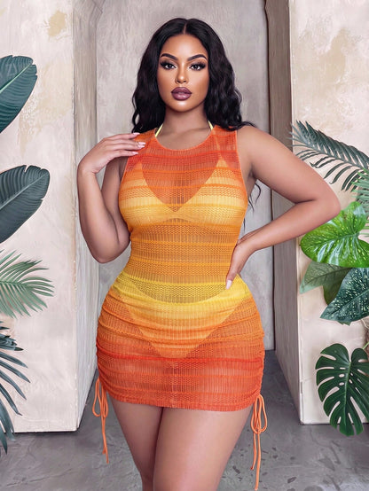 Slaydiva Plus Size Ombre Side Drawstring Sheer Cover Up
