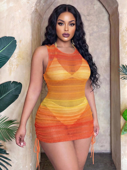 Slaydiva Plus Size Ombre Side Drawstring Sheer Cover Up