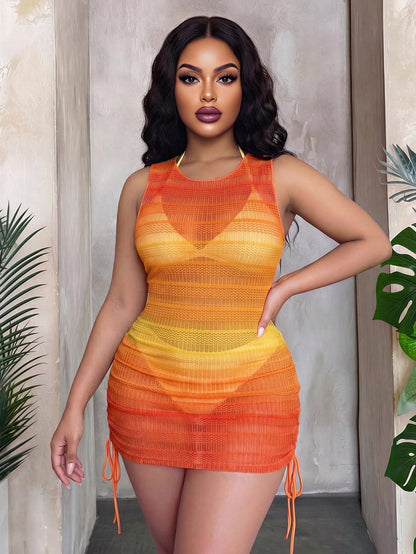 Slaydiva Plus Size Ombre Side Drawstring Sheer Cover Up