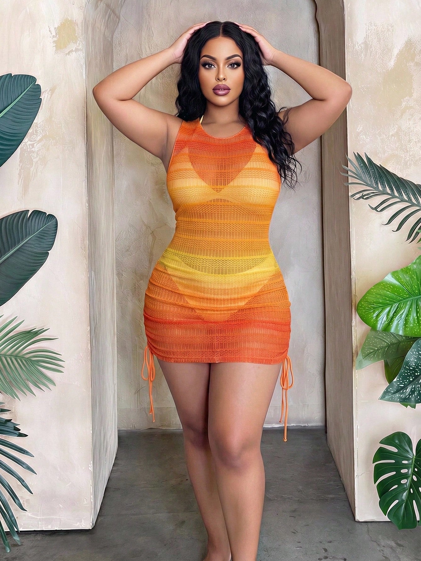 Slaydiva Plus Size Ombre Side Drawstring Sheer Cover Up