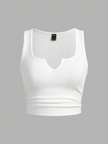 Slaydiva Plus Size Solid Color Notch Neck Fitted Tank Top, Casual Minimalist Suitable For Summer